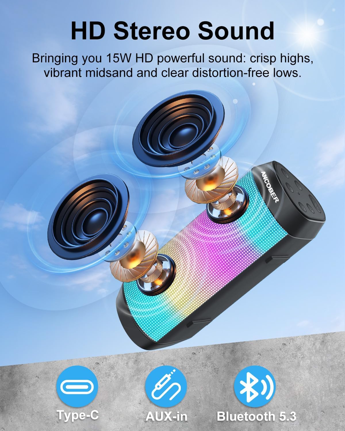 Bluetooth Speaker, Portable Wireless, 15W Stereo Sound, IPX4 Waterproof, with Cool Lights, TWS Pairing, BT5.3/AUX IN, for Outdoor/Indoor/Party/BBQ/Shower, Electronics Gadget, Holiday Birthday Gifts
