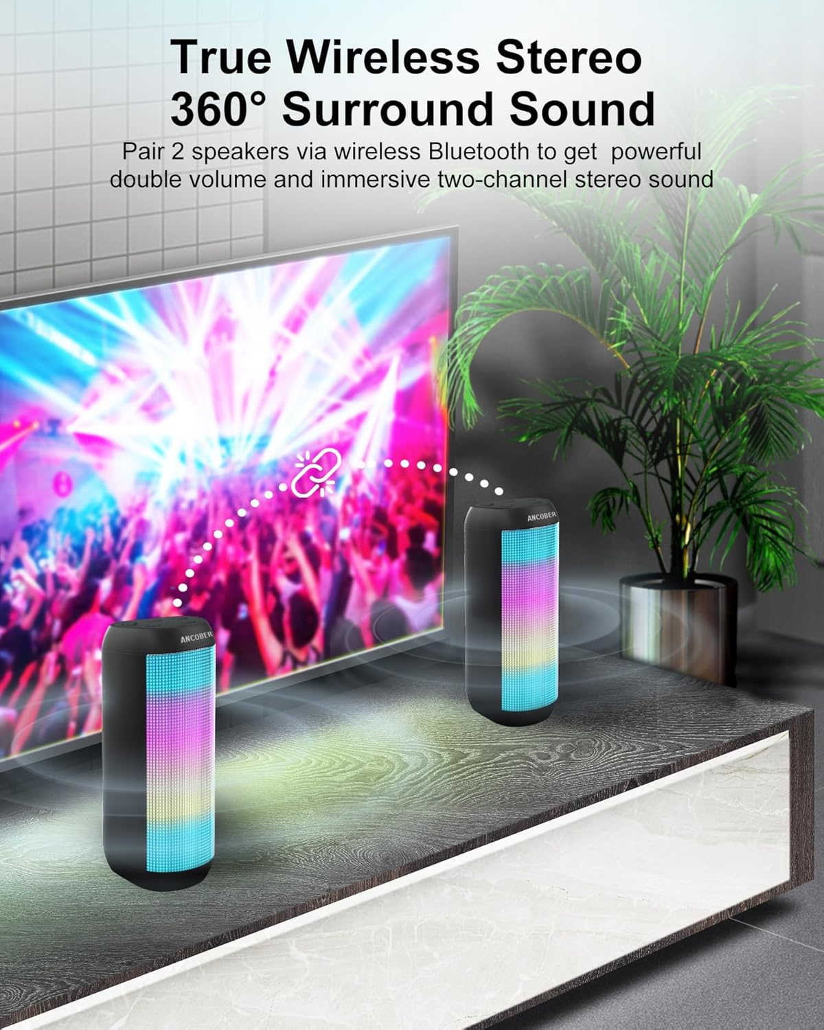 Bluetooth Speaker, Portable Wireless, 15W Stereo Sound, IPX4 Waterproof, with Cool Lights, TWS Pairing, BT5.3/AUX IN, for Outdoor/Indoor/Party/BBQ/Shower, Electronics Gadget, Holiday Birthday Gifts